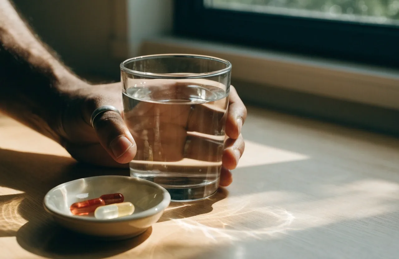 Blank printed document lying on a dark desk beside a glass of water in window light