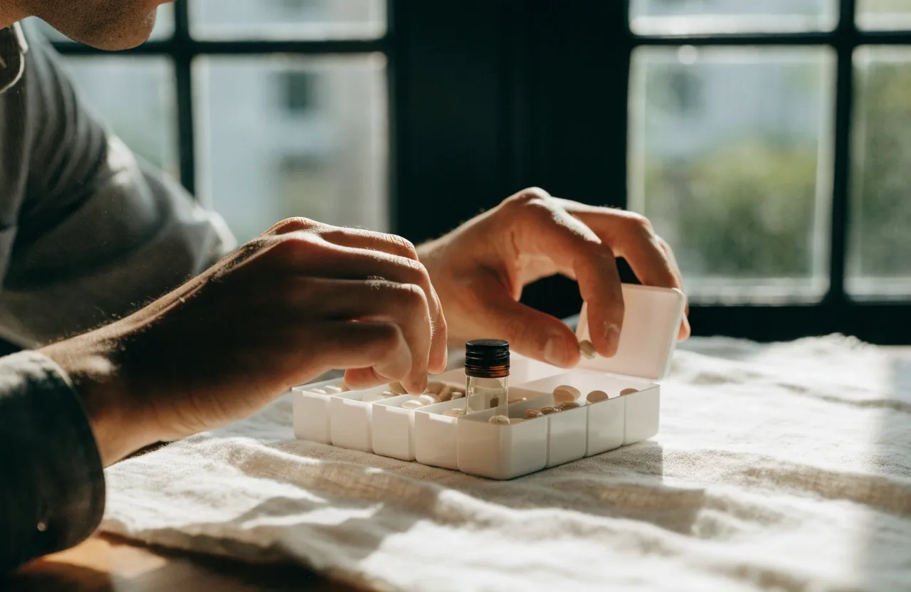 Hands placing an unlabelled glass bottle of capsules on a dark desk in window light