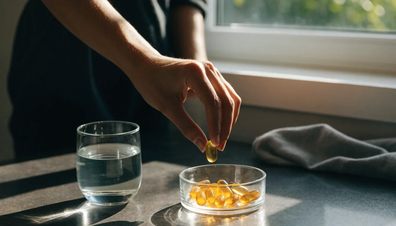 Szklana miseczka z bursztynowymi kapsułkami omega-3 na ciemnym stole przy oknie